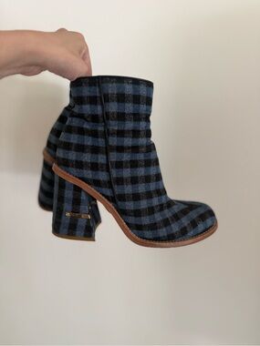Tibi Blue and Black Plaid Ankle Boots